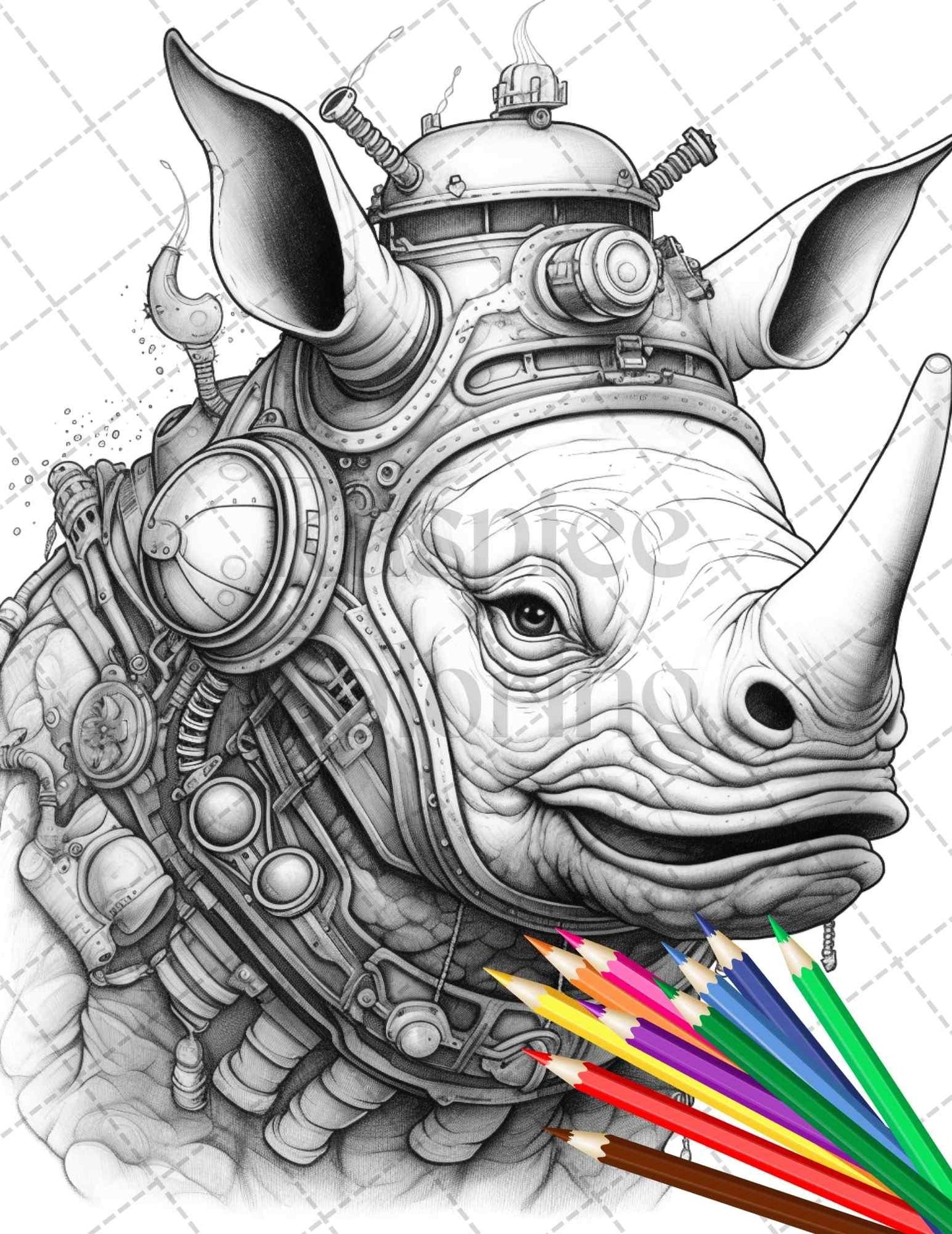 60 Steampunk Animals Grayscale Coloring Pages Printable for Adults, PDF File Instant Download