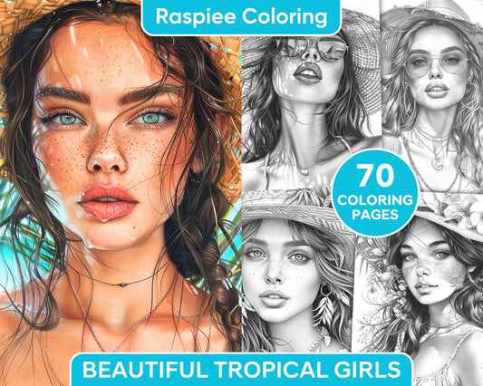 70 Beautiful Tropical Girls Grayscale Adult Coloring Pages Printable PDF Instant Download