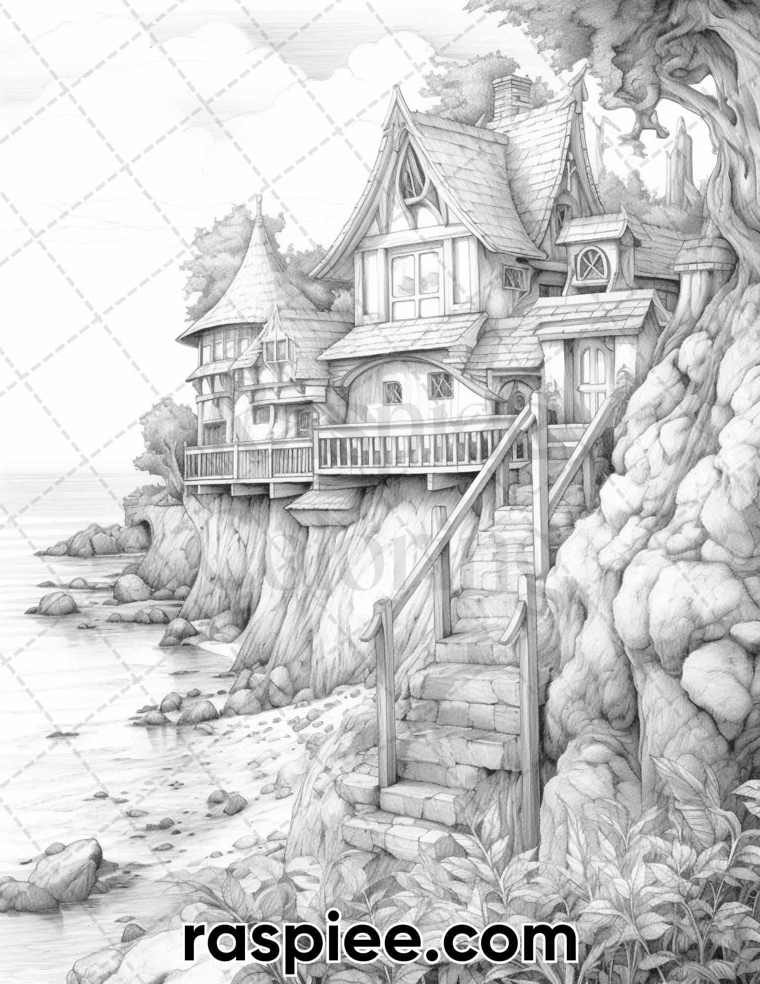 50 Fairy Beach Houses Grayscale Coloring Pages for Adults, Printable PDF Instant Download