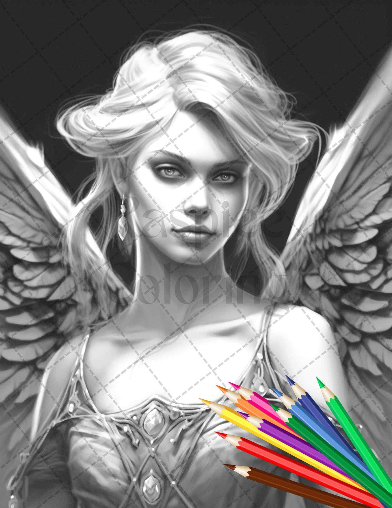 Beautiful Dark Fairy Grayscale Coloring Pages Printable for Adults, PDF File Instant Download
