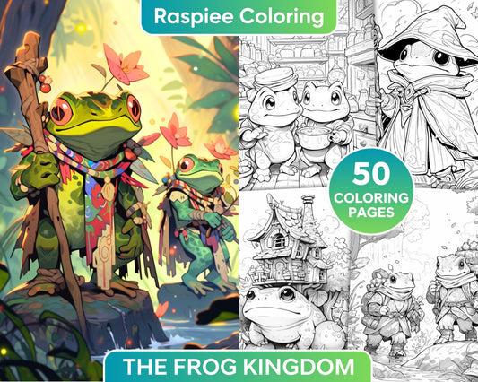50 The Frog Kingdom Grayscale Coloring Pages for Adults, Printable PDF Instant Download