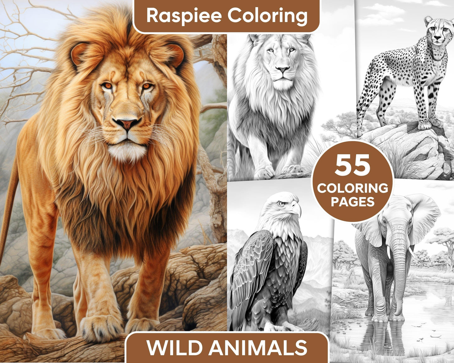 55 Wild Animals Grayscale Coloring Pages for Adults, Printable PDF Instant Download
