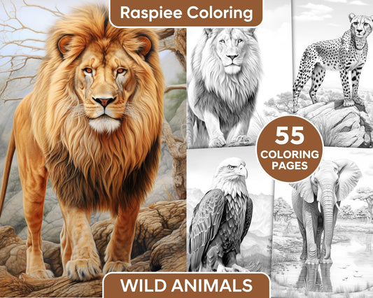 55 Wild Animals Grayscale Coloring Pages for Adults, Printable PDF Instant Download
