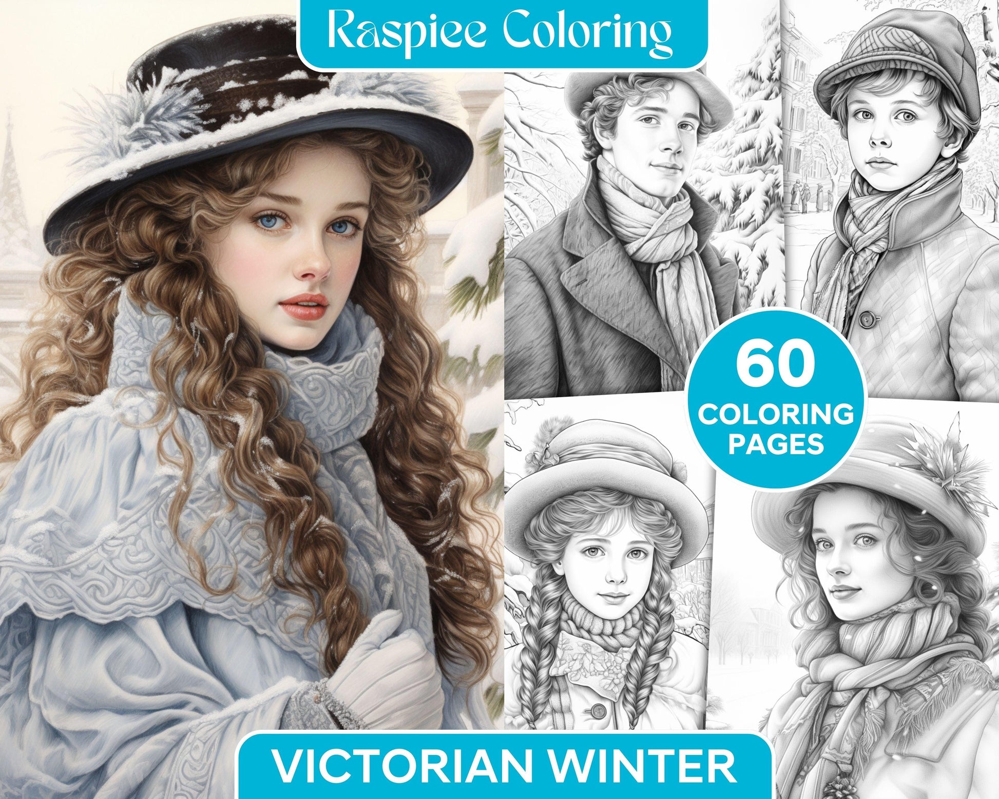 60 Victorian Winter Portrait Grayscale Coloring Pages Printable for Adults, PDF File Instant Download