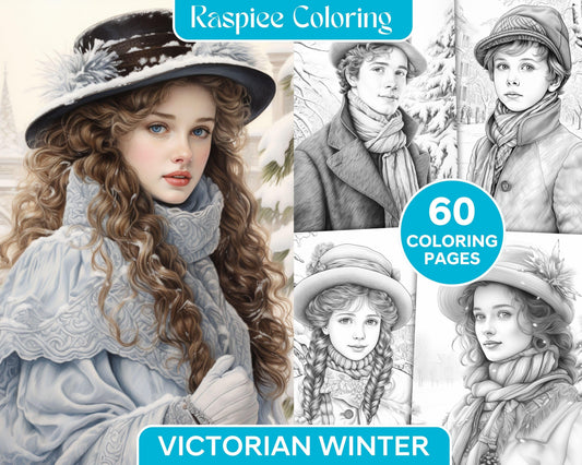 60 Victorian Winter Portrait Grayscale Coloring Pages Printable for Adults, PDF File Instant Download