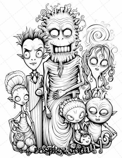 50 Monster Family Grayscale Coloring Pages Printable for Adults - Instant Download, Halloween Coloring Book, Fun and Spooky Designs