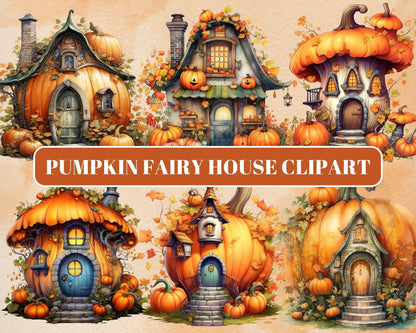 44 PNG Watercolor Pumpkin Fairy House Clipart, Autumn Halloween Illustrations