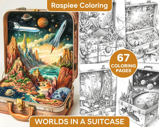 67 Worlds in a Suitcase Grayscale Adult Coloring Pages, Printable PDF Instant Download