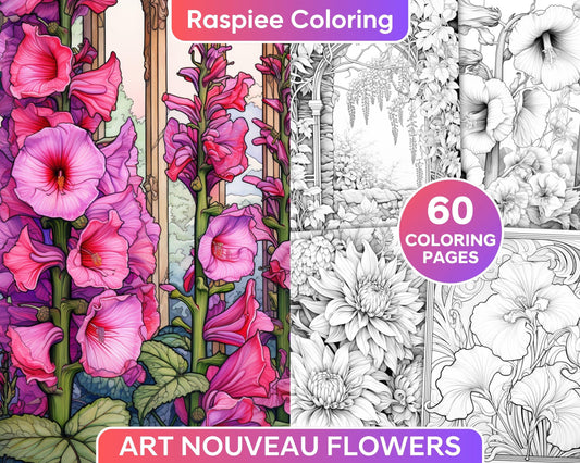 60 Art Nouveau Flowers Grayscale Adult Coloring Pages, Printable PDF Instant Download