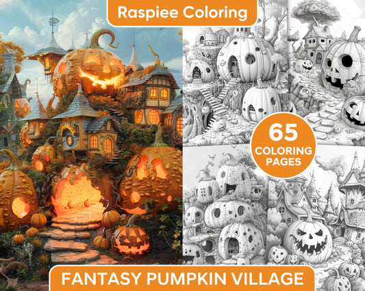65 Fantasy Pumpkin Village Grayscale Adult Coloring Pages, Printable PDF Instant Download
