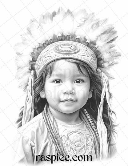 50 Native American Little Girls Boys Grayscale Coloring Pages Printable for Adults Kids, PDF File Instant Download