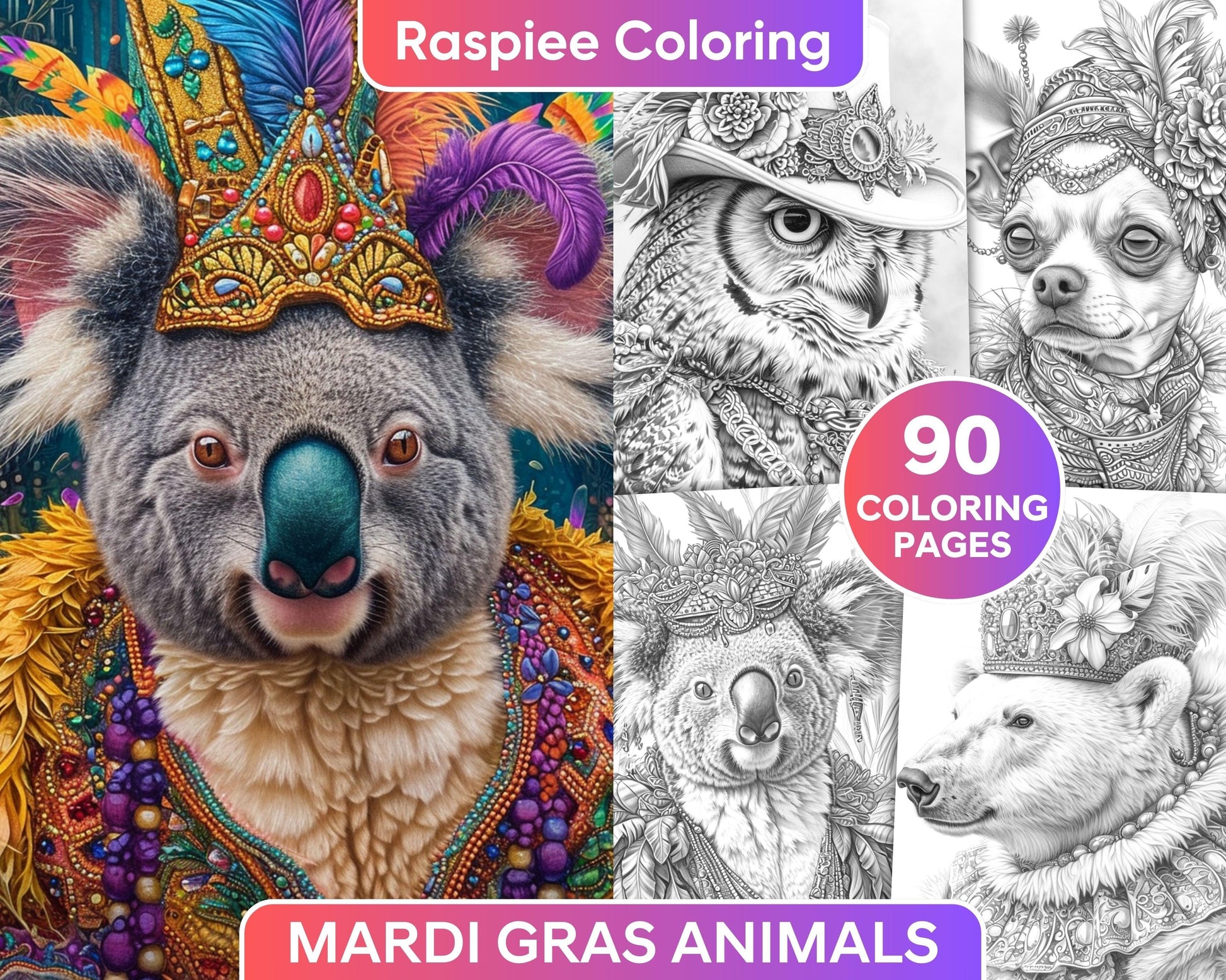 90 Mardi Gras Animals Grayscale Adult Coloring Pages, Printable PDF Instant Download