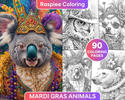 90 Mardi Gras Animals Grayscale Adult Coloring Pages, Printable PDF Instant Download