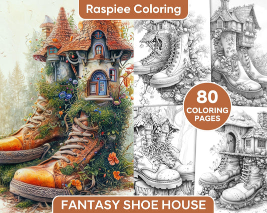 80 Fantasy Shoe House Grayscale Adult Coloring Pages, Printable PDF Instant Download