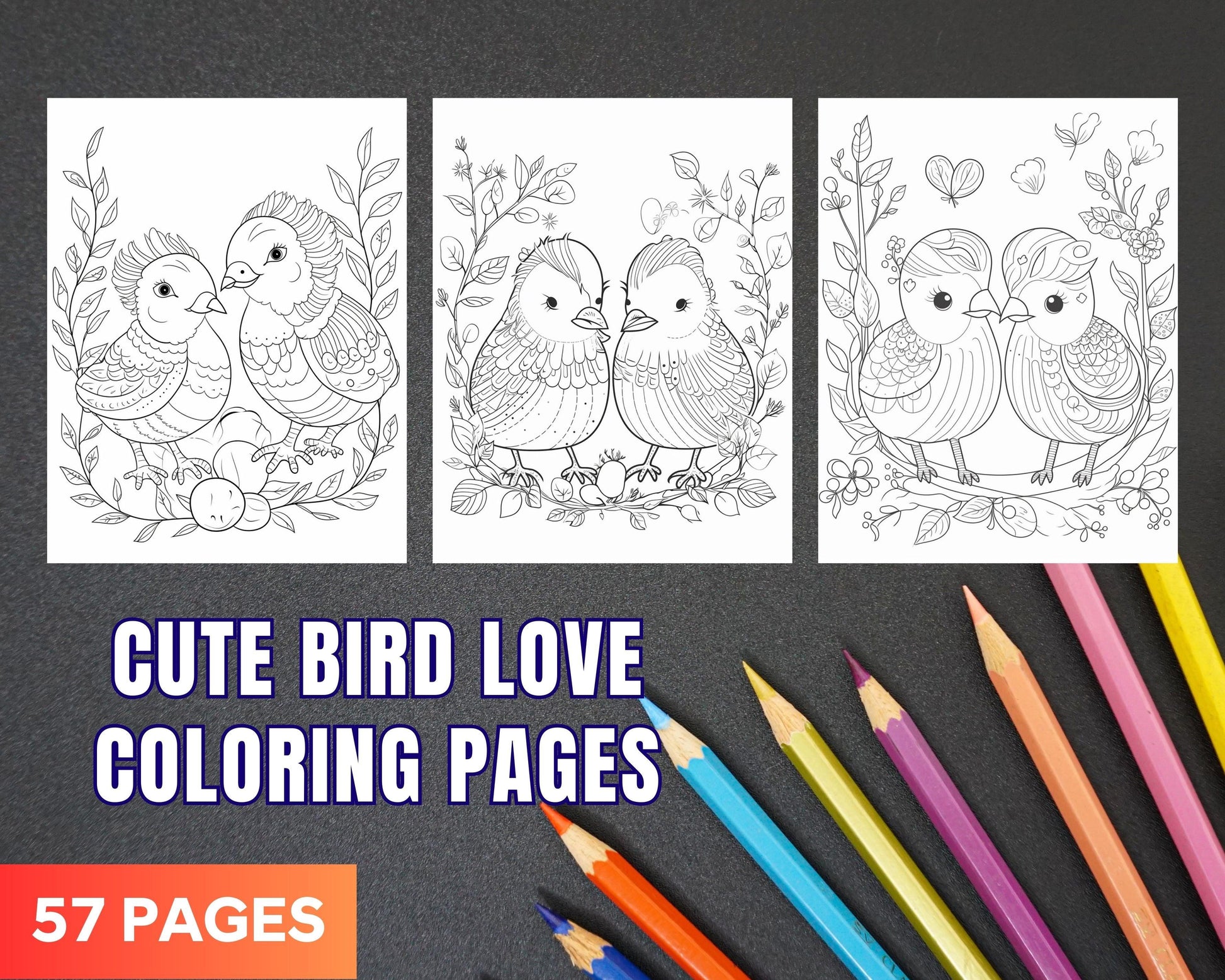 57 Printable Cute Bird Love Coloring Pages for Adults & Kids, Printable PDF File Instant Download