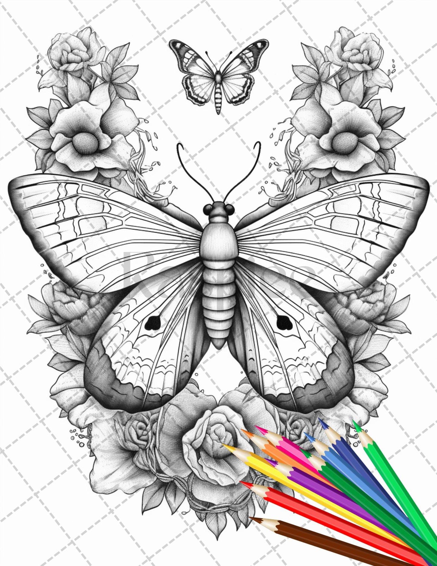 32 Beautiful Moths and Floral Coloring Book for Adults, Grayscale Coloring Page, Printable PDF Instant Download