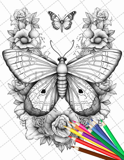 32 Beautiful Moths and Floral Coloring Book for Adults, Grayscale Coloring Page, Printable PDF Instant Download