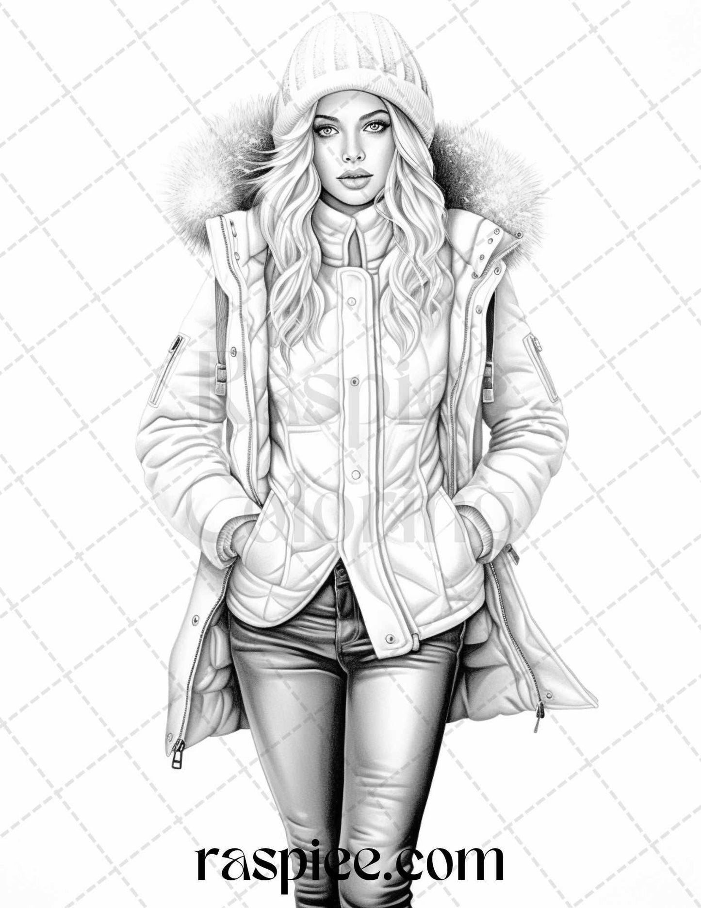 40 Winter Fashion Grayscale Coloring Pages Printable for Adults, PDF File Instant Download