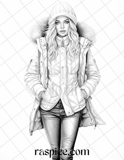 40 Winter Fashion Grayscale Coloring Pages Printable for Adults, PDF File Instant Download