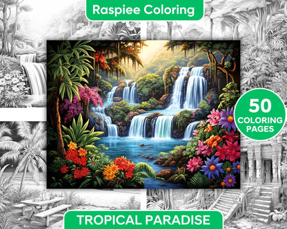 50 Tropical Paradise Grayscale Adult Coloring Pages, Printable PDF Instant Download