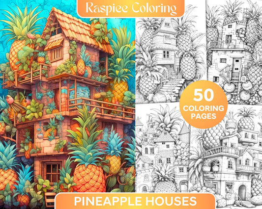 50 Pineapple Houses Grayscale Coloring Pages Printable for Adults, PDF File Instant Download