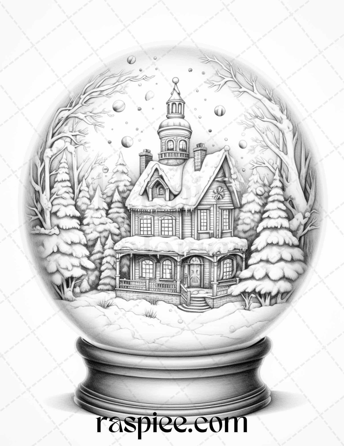 Cozy Cabin in Snow Globe Grayscale Coloring Pages Printable for Adults, PDF File Instant Download