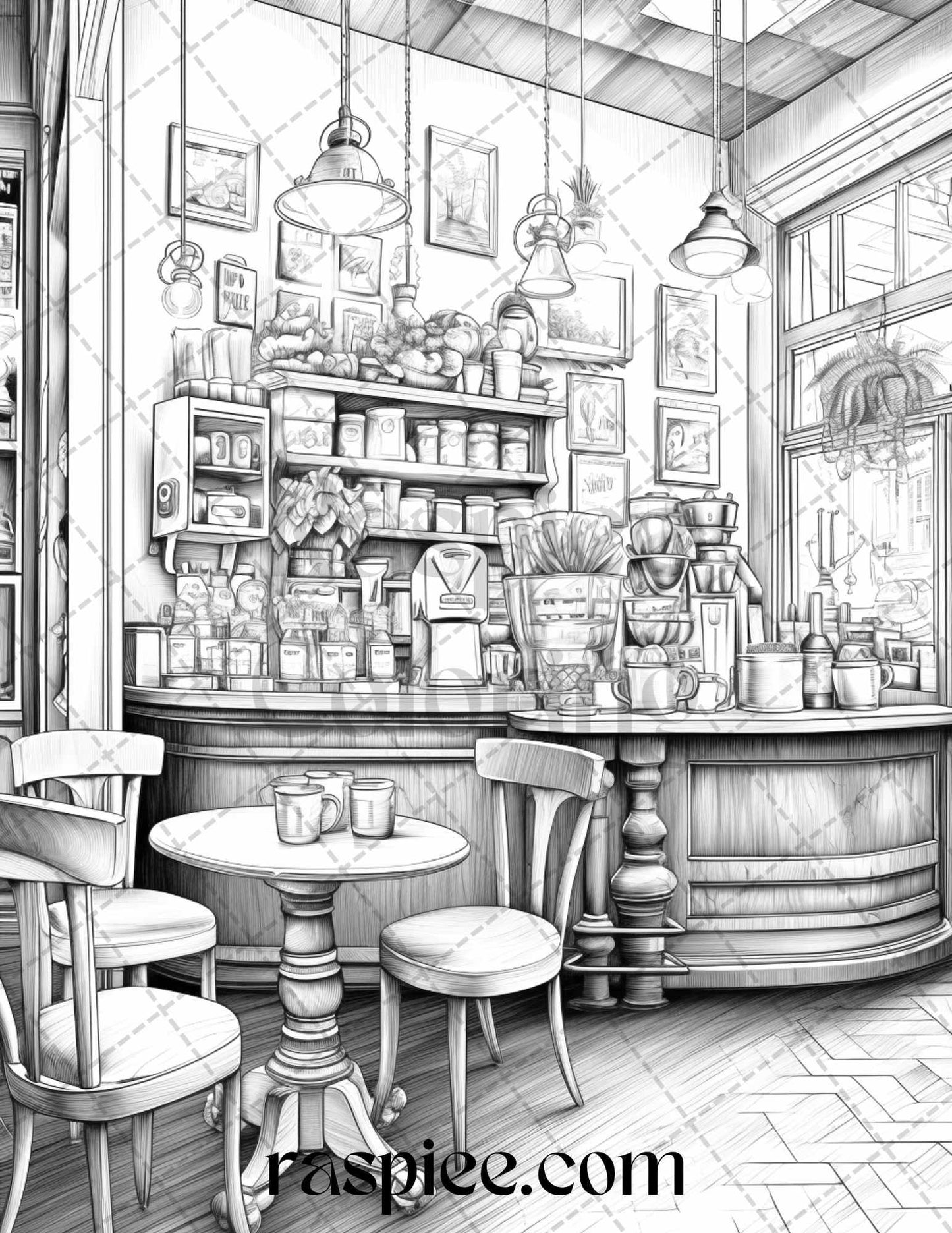 50 Cozy Coffee Shop Grayscale Coloring Pages Printable for Adults, PDF File Instant Download