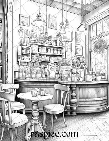50 Cozy Coffee Shop Grayscale Coloring Pages Printable for Adults, PDF File Instant Download