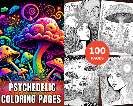 100 Psychedelic Coloring Pages Printable for Adults, Trippy Coloring Pages, Grayscale Coloring Book, Printable PDF File Instant Download