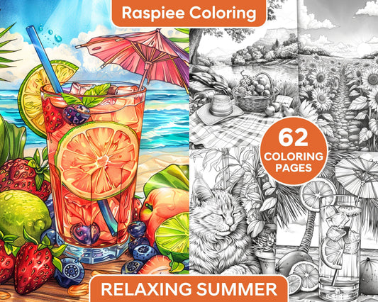 62 Relaxing Summer Grayscale Adult Coloring Pages Printable PDF Instant Download