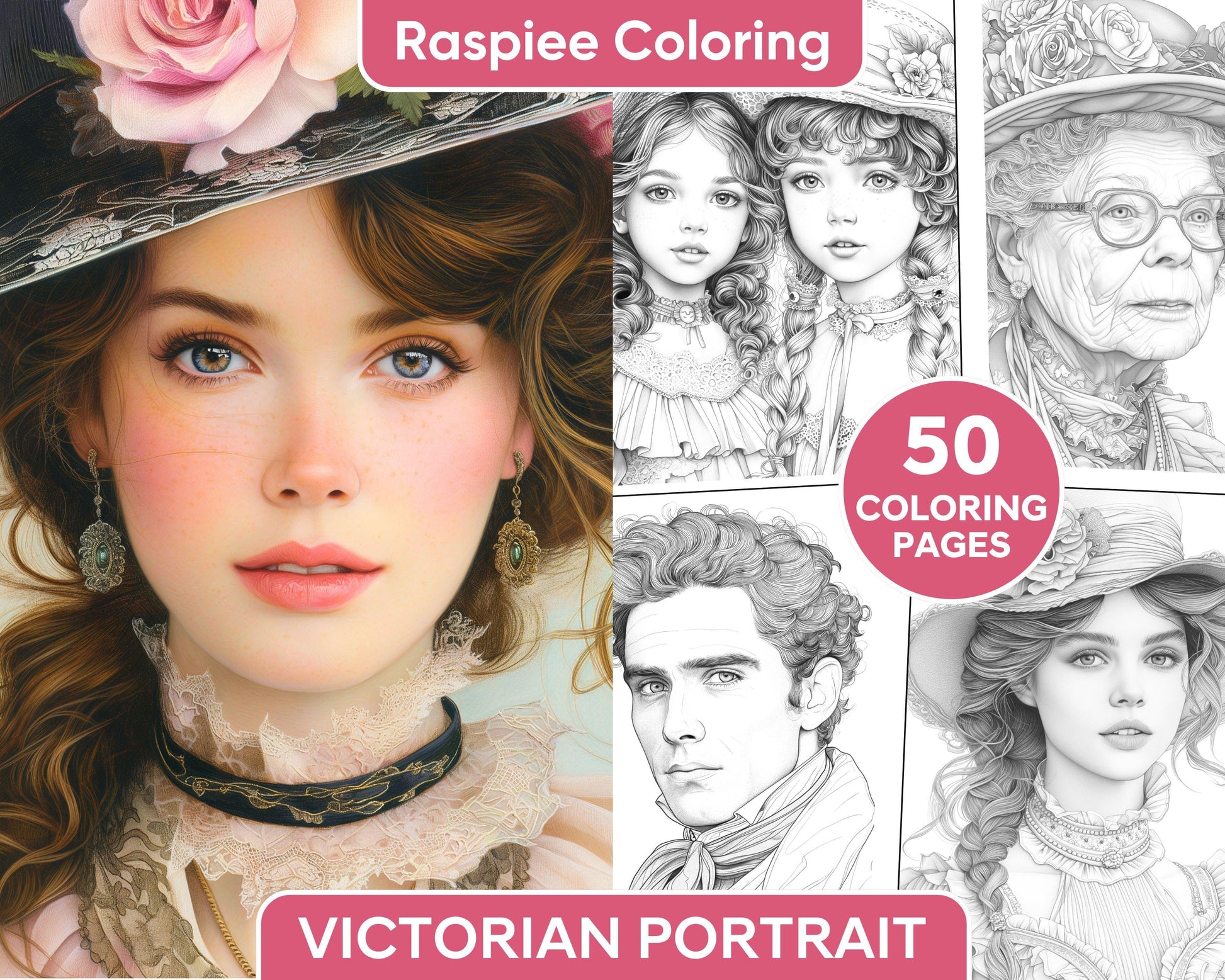 50 Victorian Portrait Adult Coloring Pages Printable PDF Instant Download