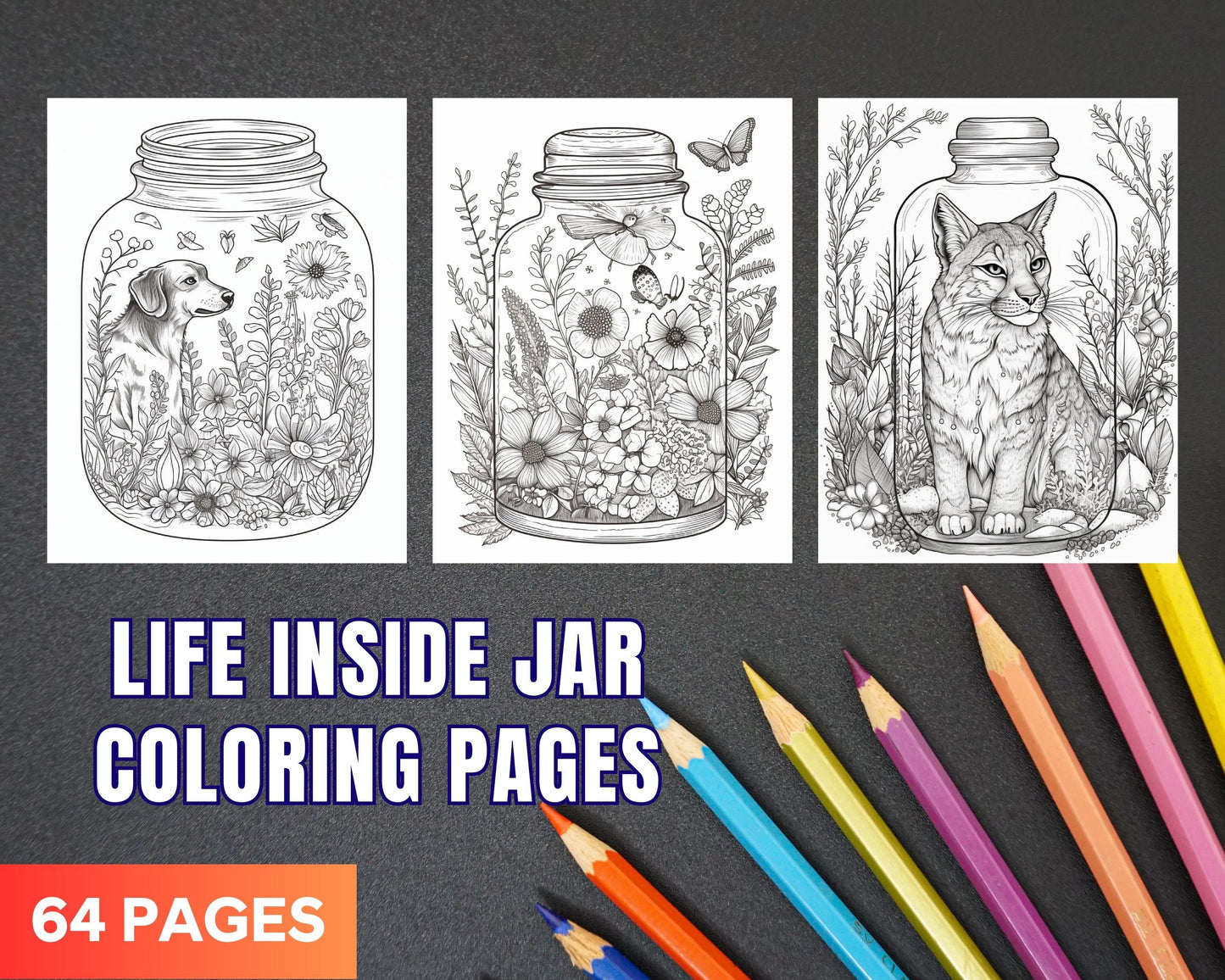 64 Life Inside Jar Printable Coloring Pages for Adults, Grayscale Coloring Book, Printable PDF File Download