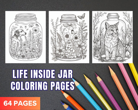 64 Life Inside Jar Printable Coloring Pages for Adults, Grayscale Coloring Book, Printable PDF File Download