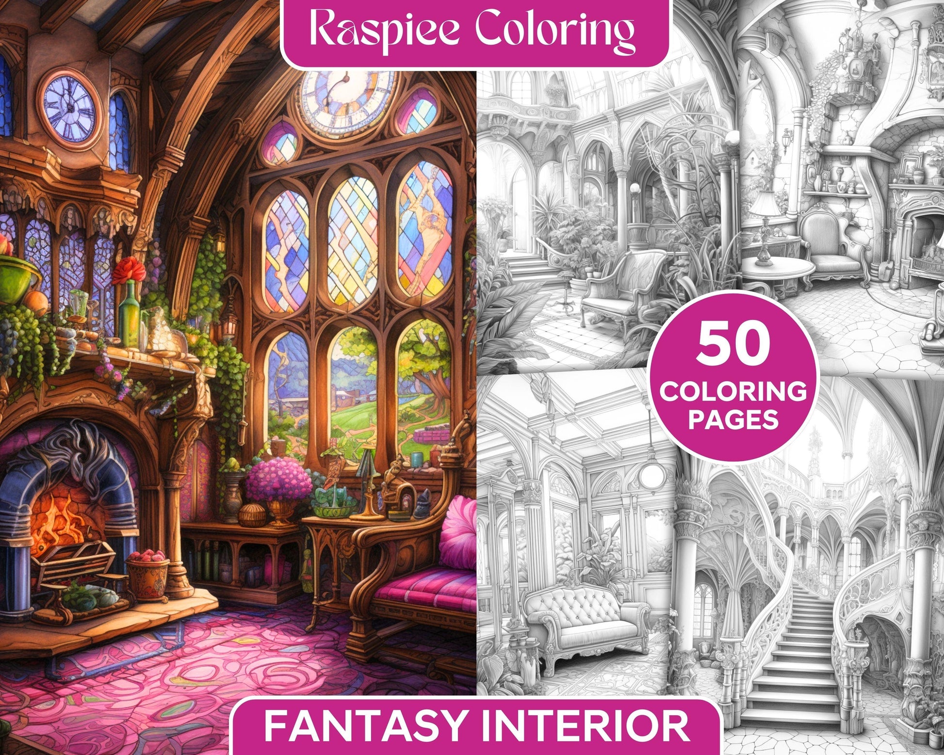Fantasy Interior Grayscale Coloring Pages for Adults, Printable PDF File Instant Download