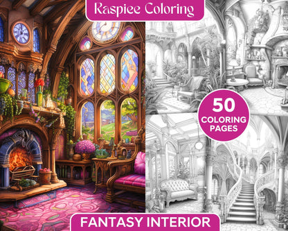 Fantasy Interior Grayscale Coloring Pages for Adults, Printable PDF File Instant Download