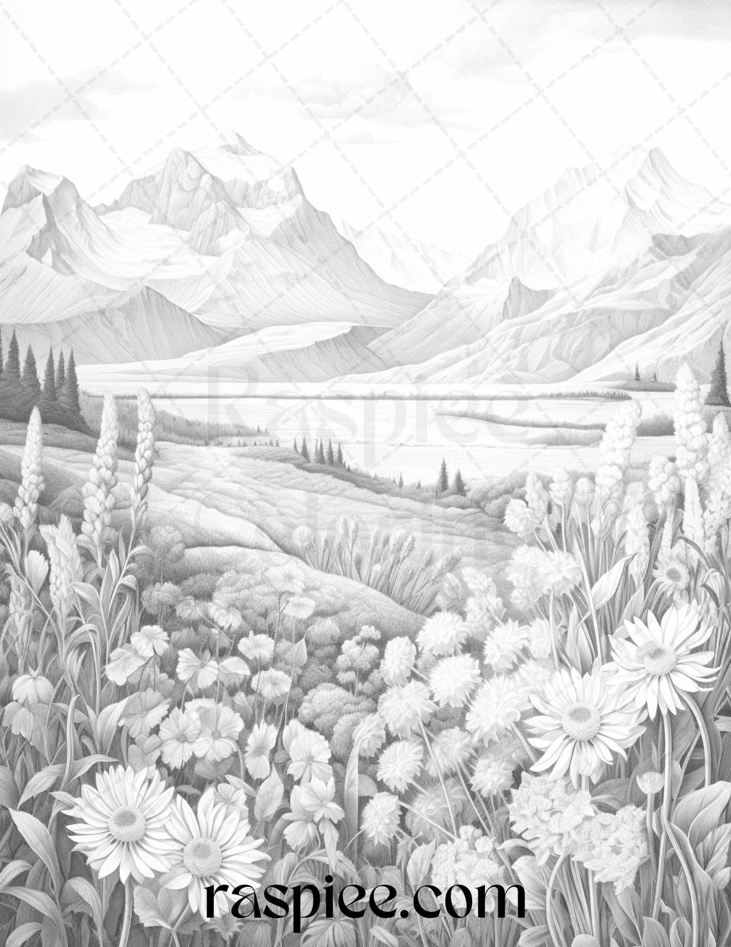 60 Mountain Flower Landscapes Grayscale Coloring Pages Printable for Adults, PDF File Instant Download