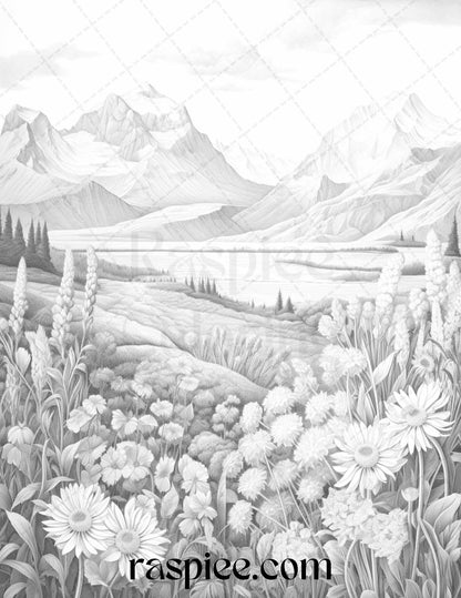 60 Mountain Flower Landscapes Grayscale Coloring Pages Printable for Adults, PDF File Instant Download