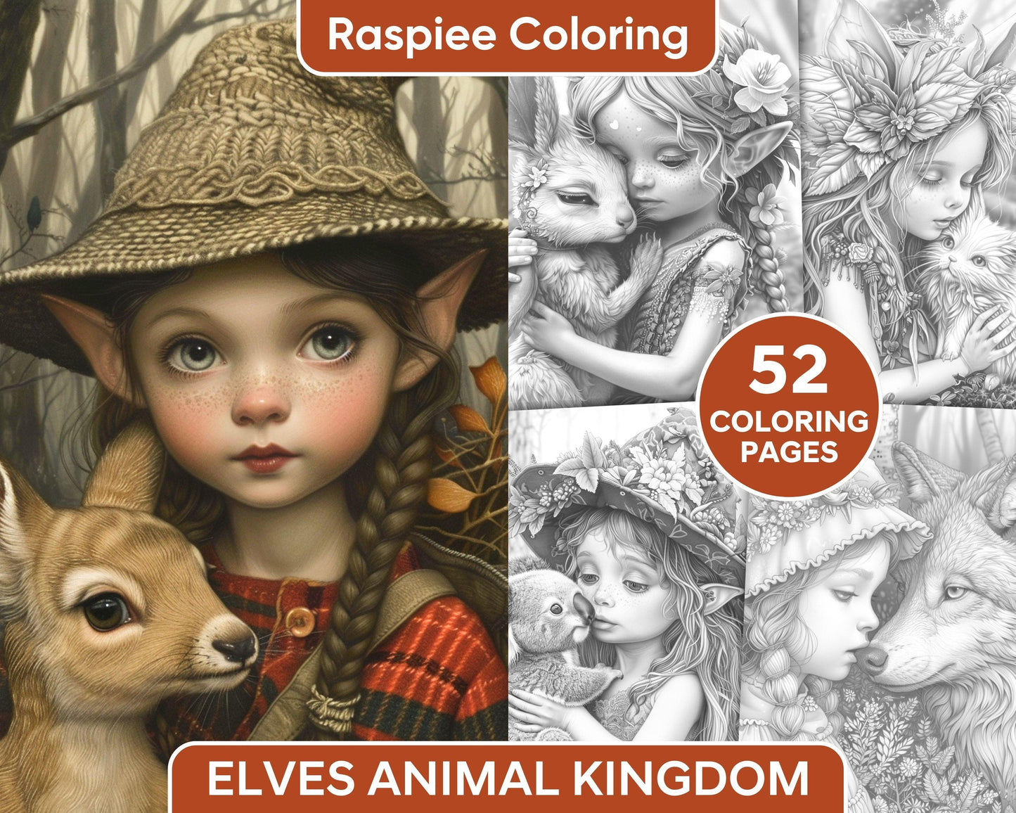 52 Elves Animal Kingdom Grayscale Adult Coloring Pages, Printable PDF Instant Download