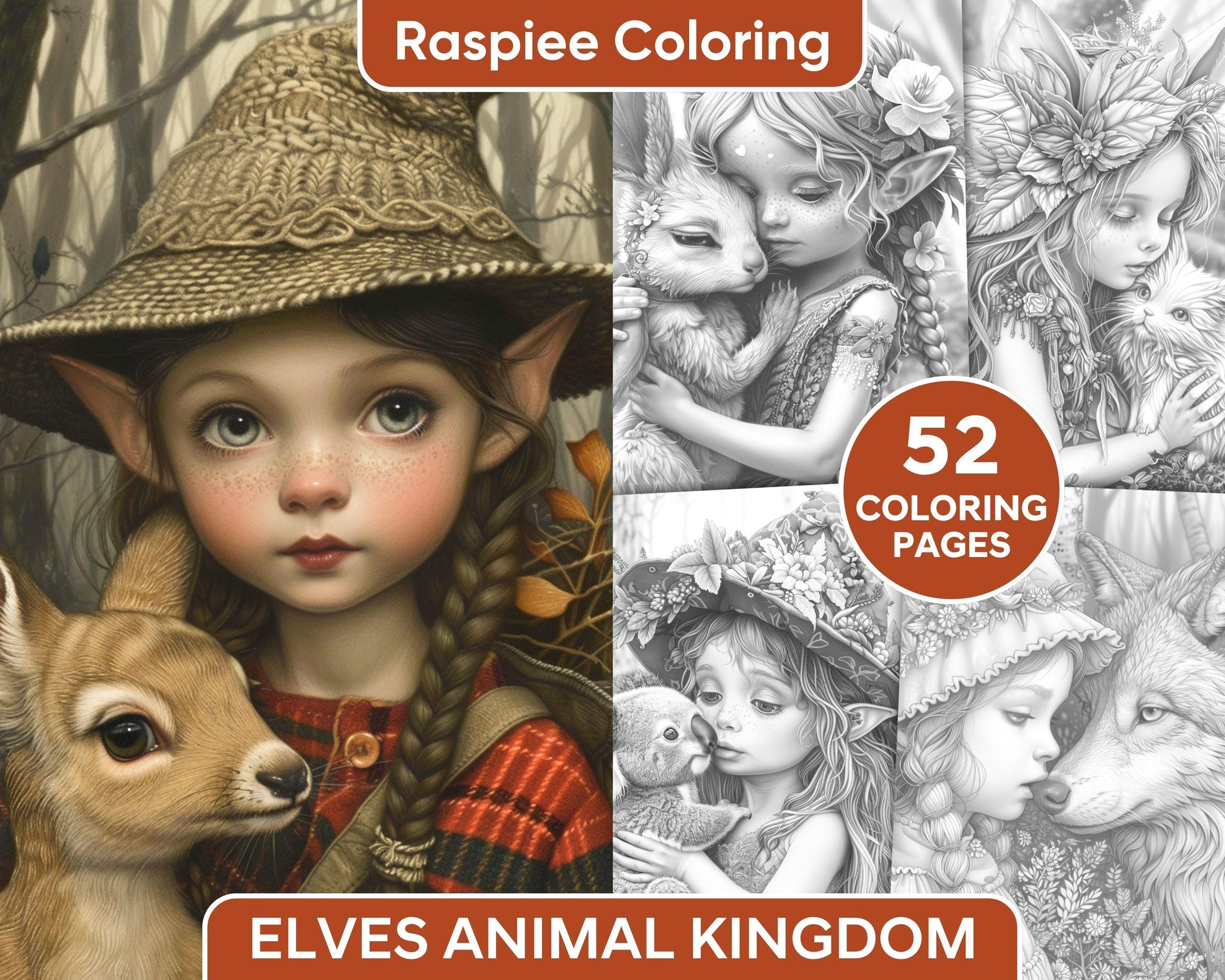 52 Elves Animal Kingdom Grayscale Adult Coloring Pages, Printable PDF Instant Download