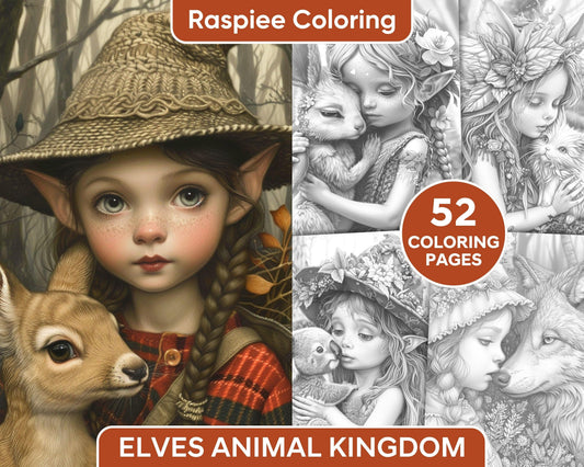 52 Elves Animal Kingdom Grayscale Adult Coloring Pages, Printable PDF Instant Download