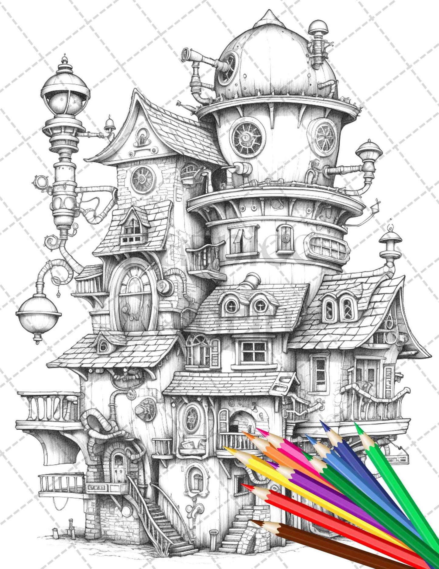50 Steampunk Houses Grayscale Coloring Pages Printable for Adults, PDF File Instant Download
