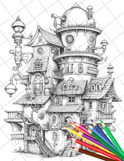 50 Steampunk Houses Grayscale Coloring Pages Printable for Adults, PDF File Instant Download