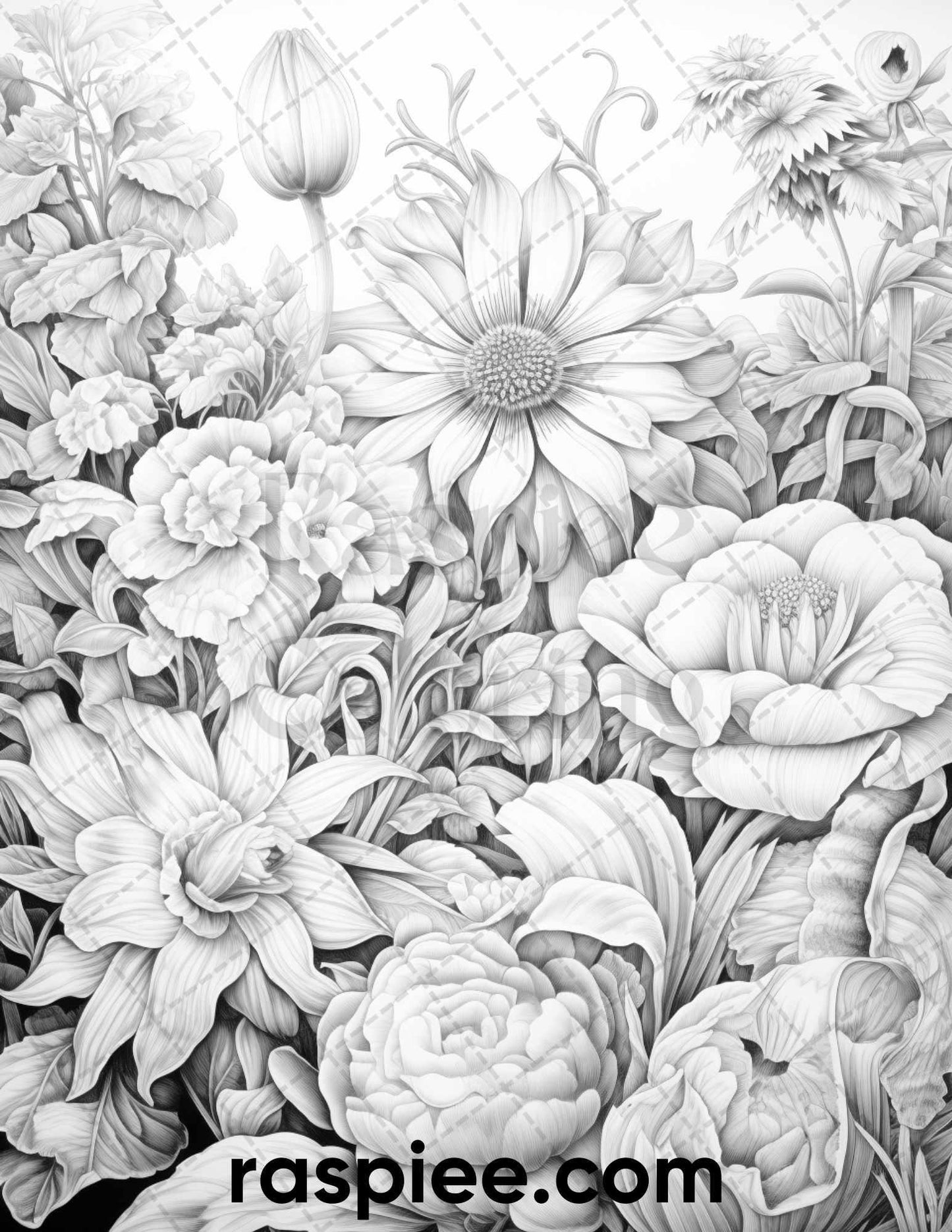 55 Fantasy Flowers Grayscale Coloring Pages for Adults, Printable PDF File Instant Download