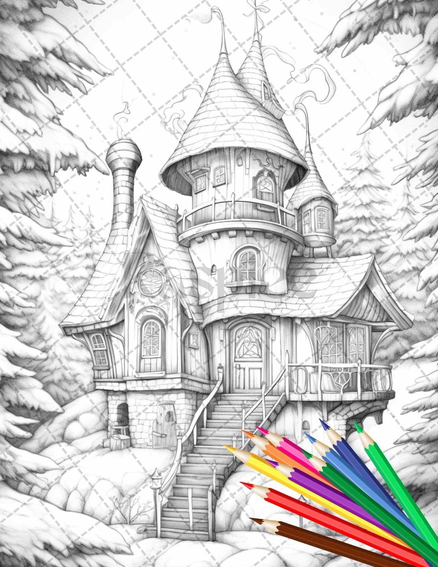 63 Winter Fairy Houses Grayscale Coloring Pages Printable for Adults, PDF File Instant Download