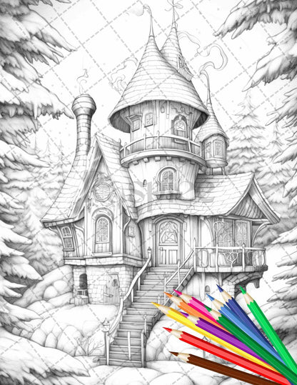 63 Winter Fairy Houses Grayscale Coloring Pages Printable for Adults, PDF File Instant Download