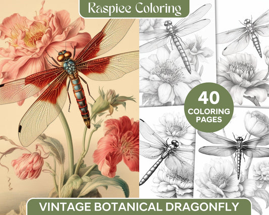Vintage Botanical Dragonfly Grayscale Coloring Pages Printable for Adults, PDF File Instant Download