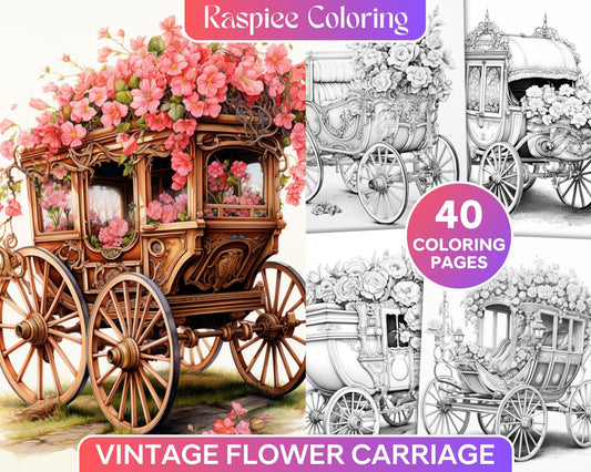 Vintage Flower Carriage Grayscale Coloring Pages Printable for Adults, PDF File Instant Download