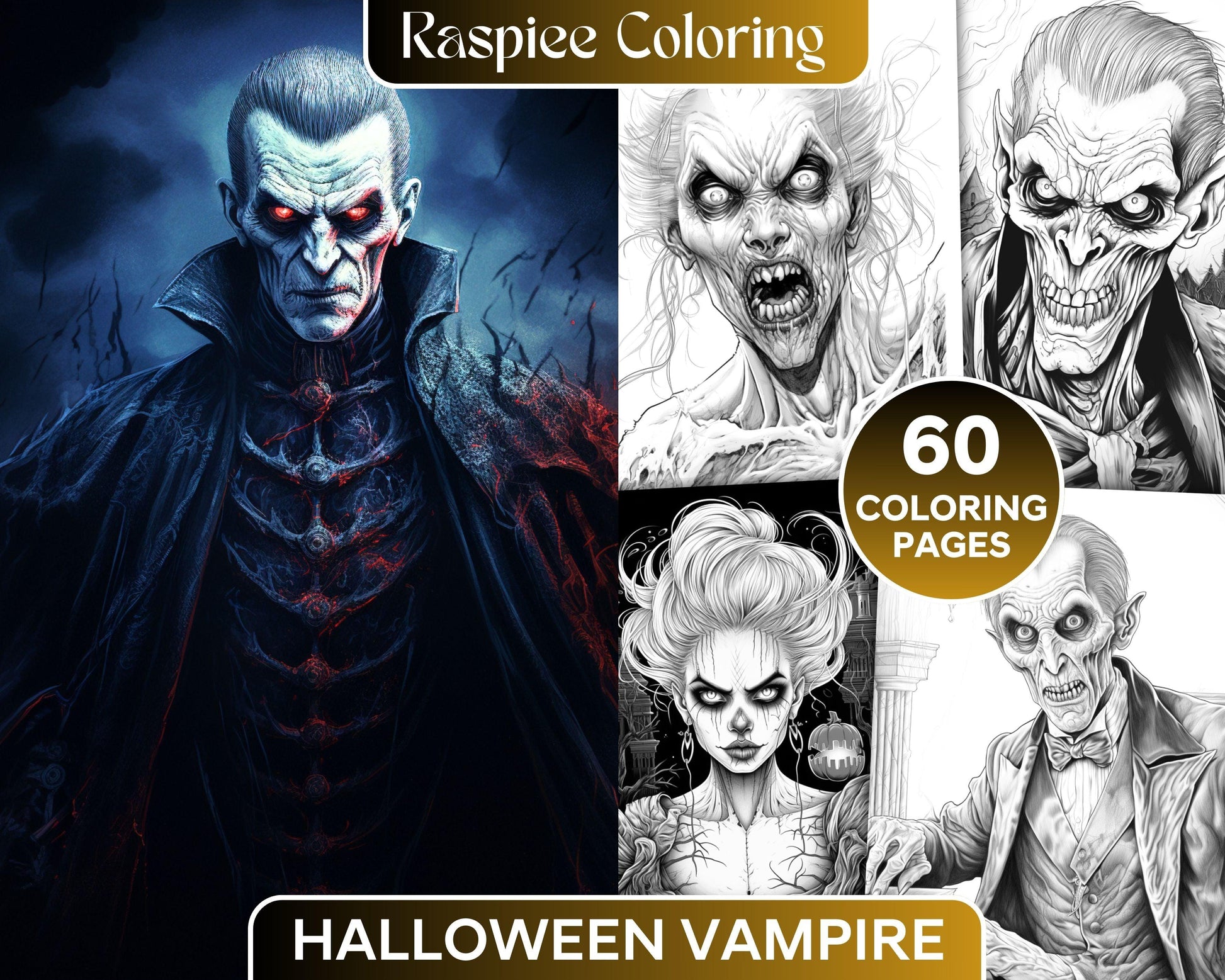 60 Halloween Vampire Grayscale Coloring Pages Printable for Adults, PDF File Instant Download