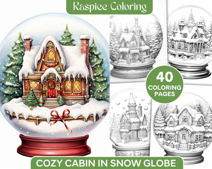 Cozy Cabin in Snow Globe Grayscale Coloring Pages Printable for Adults, PDF File Instant Download