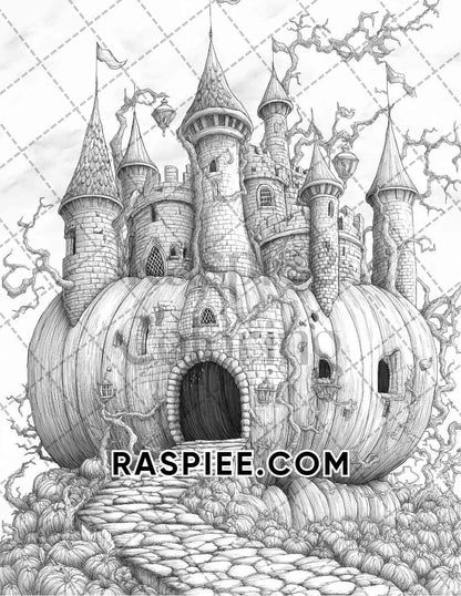 Fantasy Giant Pumpkin Castles Adult Coloring Pages Printable PDF Instant Download